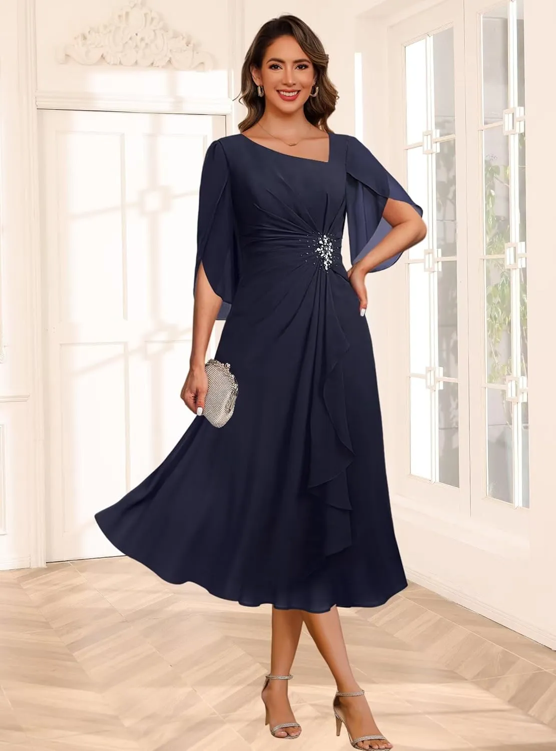 Asymmetrical Neck Mother of The Bride Dresses for Wedding Chiffon 3/4 Flutter Sleeve Beaded Formal Evening Gown PU268