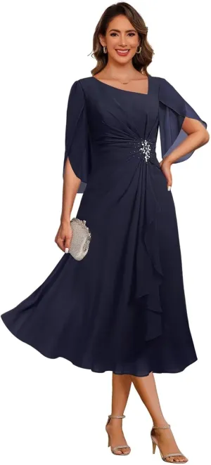 Asymmetrical Neck Mother of The Bride Dresses for Wedding Chiffon 3/4 Flutter Sleeve Beaded Formal Evening Gown PU268