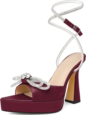 AUMOTED Women Platform Pumps High Heels Rhinestone Double Bows Heels Pointed Toe Satin Block Pumps Ankle Strap Crystals Lace Up Wedding Sandals Shoes 4.7 Inch