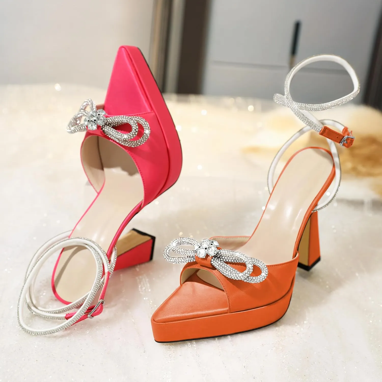 AUMOTED Women Platform Pumps High Heels Rhinestone Double Bows Heels Pointed Toe Satin Block Pumps Ankle Strap Crystals Lace Up Wedding Sandals Shoes 4.7 Inch