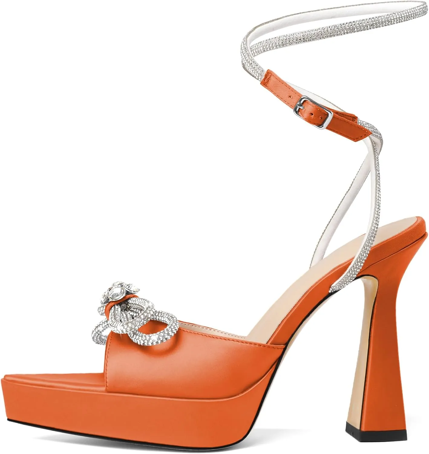 AUMOTED Women Platform Pumps High Heels Rhinestone Double Bows Heels Pointed Toe Satin Block Pumps Ankle Strap Crystals Lace Up Wedding Sandals Shoes 4.7 Inch