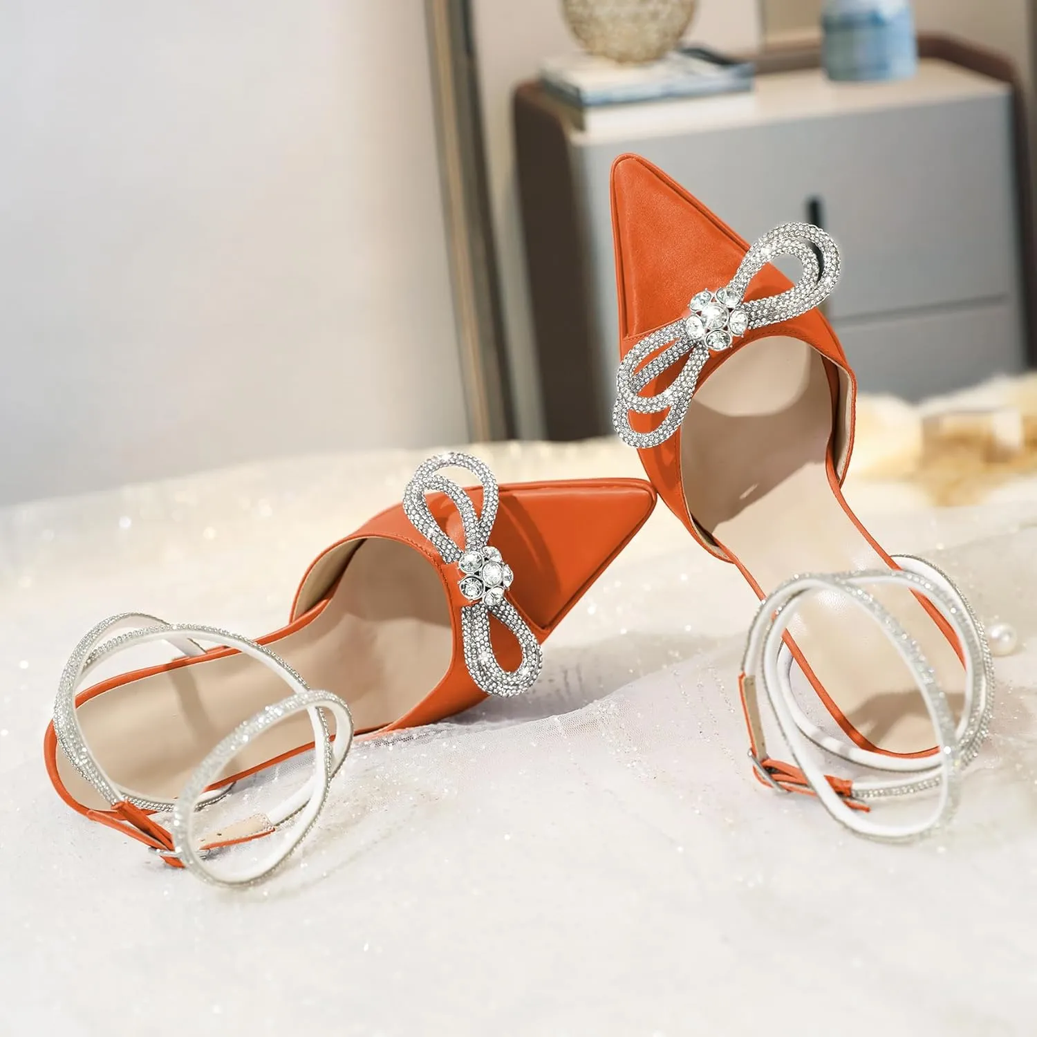 AUMOTED Women Platform Pumps High Heels Rhinestone Double Bows Heels Pointed Toe Satin Block Pumps Ankle Strap Crystals Lace Up Wedding Sandals Shoes 4.7 Inch