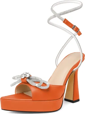 AUMOTED Women Platform Pumps High Heels Rhinestone Double Bows Heels Pointed Toe Satin Block Pumps Ankle Strap Crystals Lace Up Wedding Sandals Shoes 4.7 Inch