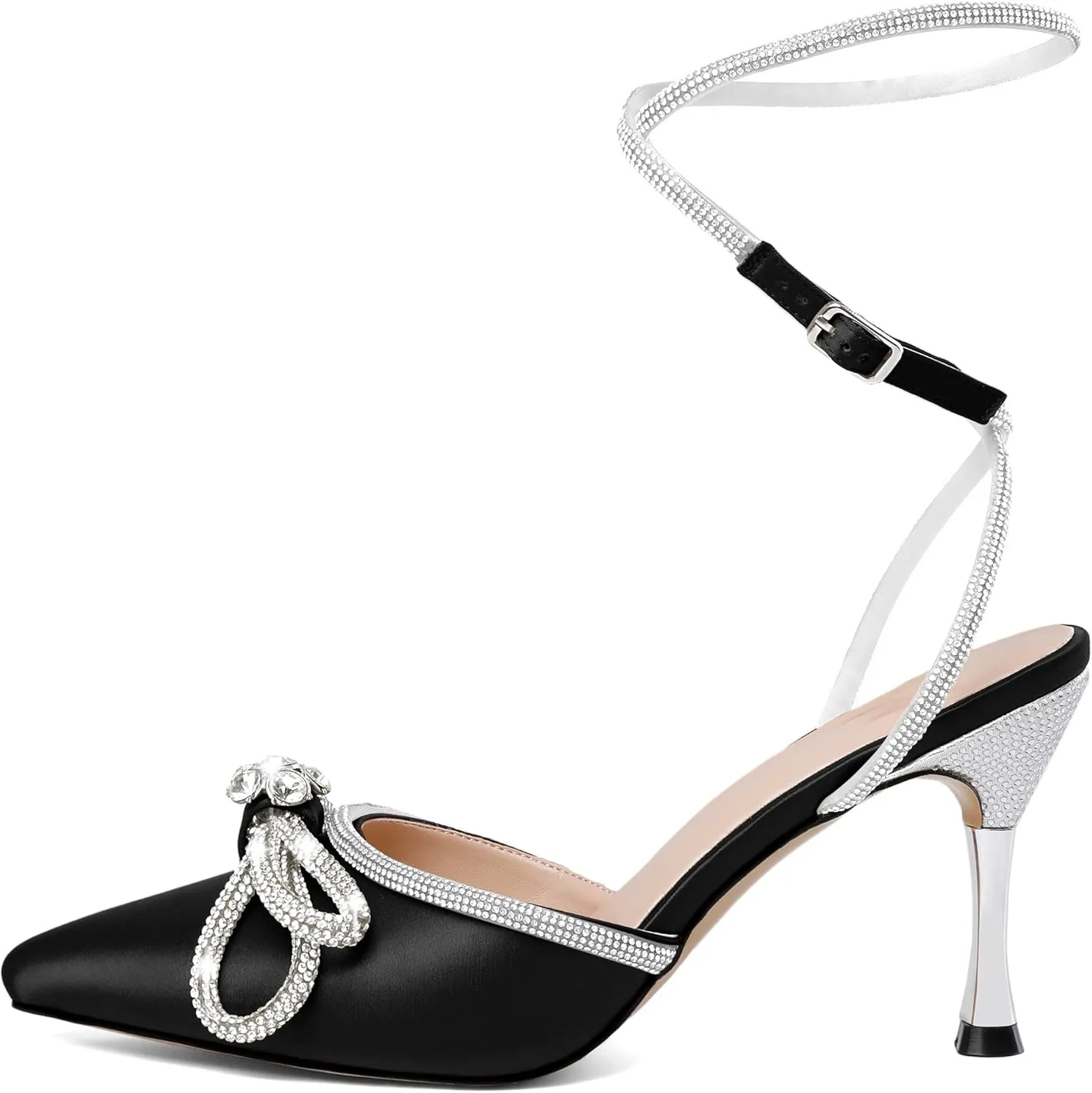 AUMOTED Women Stiletto High Heels Rhinestone Bow Heels Sparkly Wedding Closed Pointed Toe Sexy Satin Crystal Ankle Strap Pumps Bridal Dress Heeled Sandals 3.4 Inch