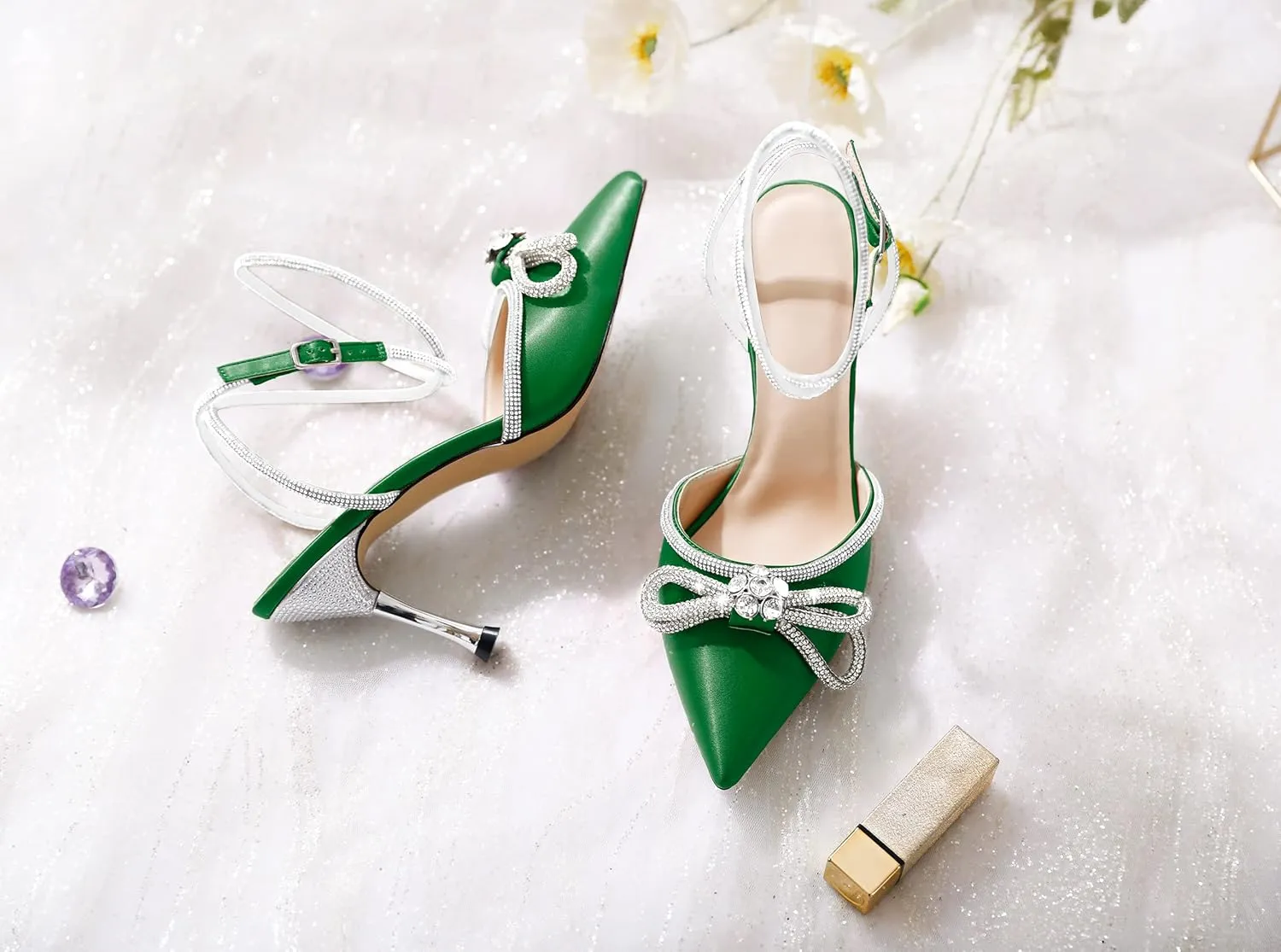 AUMOTED Women Stiletto High Heels Rhinestone Bow Heels Sparkly Wedding Closed Pointed Toe Sexy Satin Crystal Ankle Strap Pumps Bridal Dress Heeled Sandals 3.4 Inch