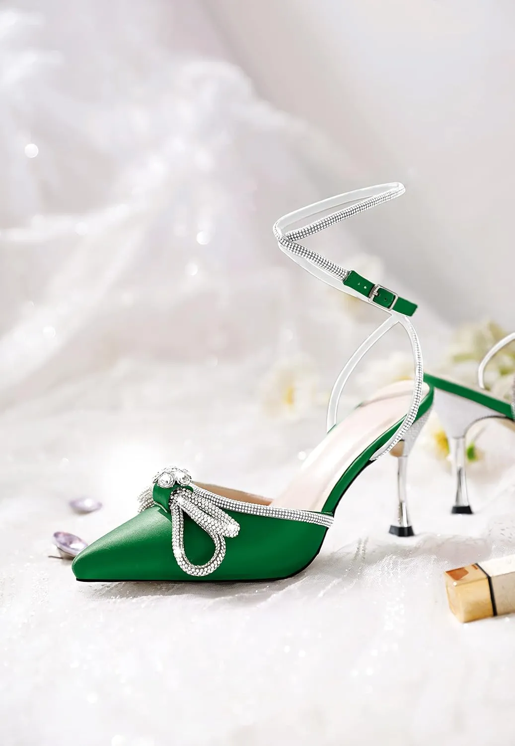 AUMOTED Women Stiletto High Heels Rhinestone Bow Heels Sparkly Wedding Closed Pointed Toe Sexy Satin Crystal Ankle Strap Pumps Bridal Dress Heeled Sandals 3.4 Inch