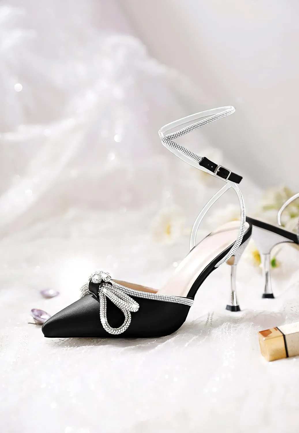 AUMOTED Women Stiletto High Heels Rhinestone Bow Heels Sparkly Wedding Closed Pointed Toe Sexy Satin Crystal Ankle Strap Pumps Bridal Dress Heeled Sandals 3.4 Inch