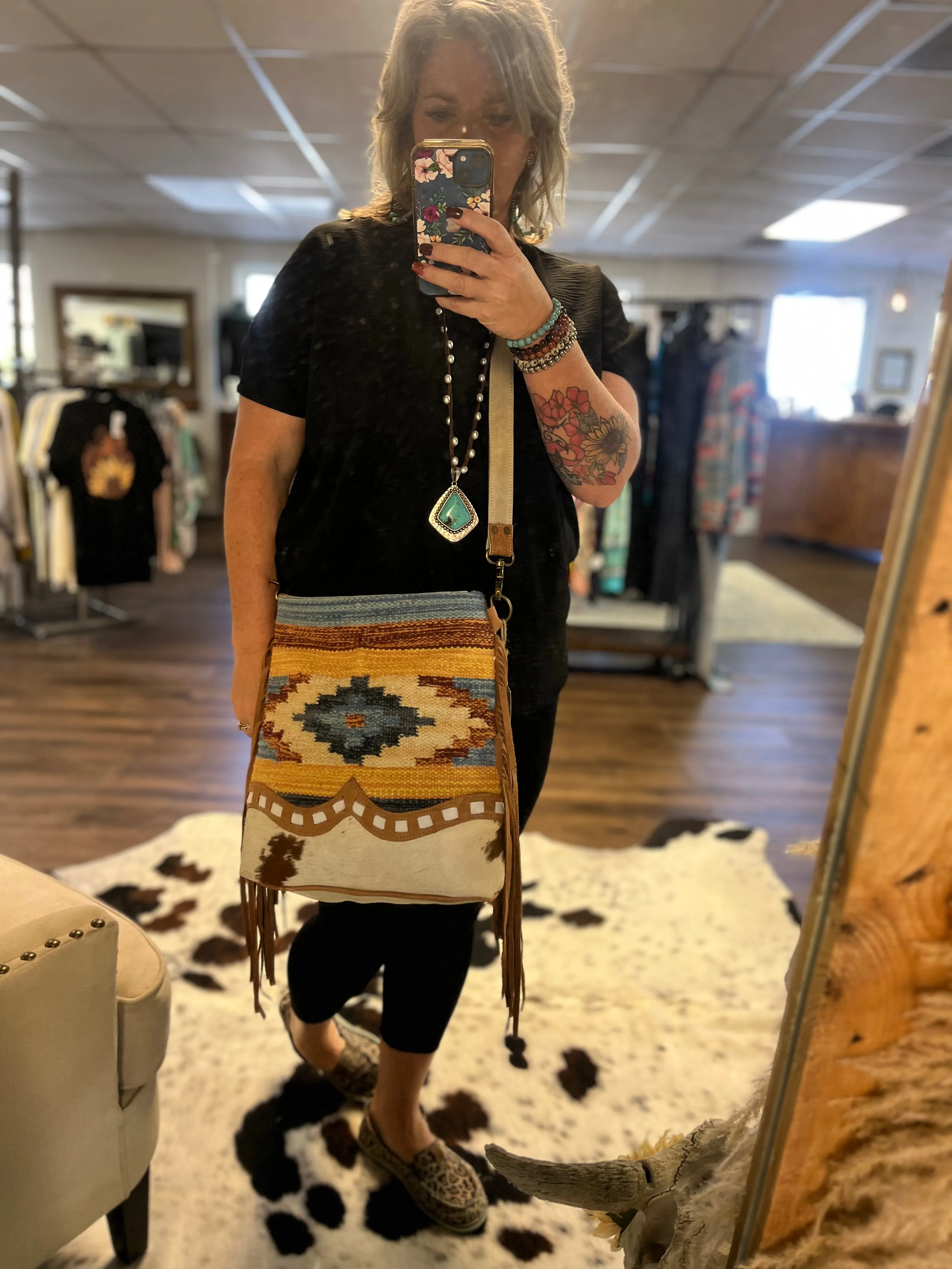 Aztec Colored Canvas and Cowhide Bag
