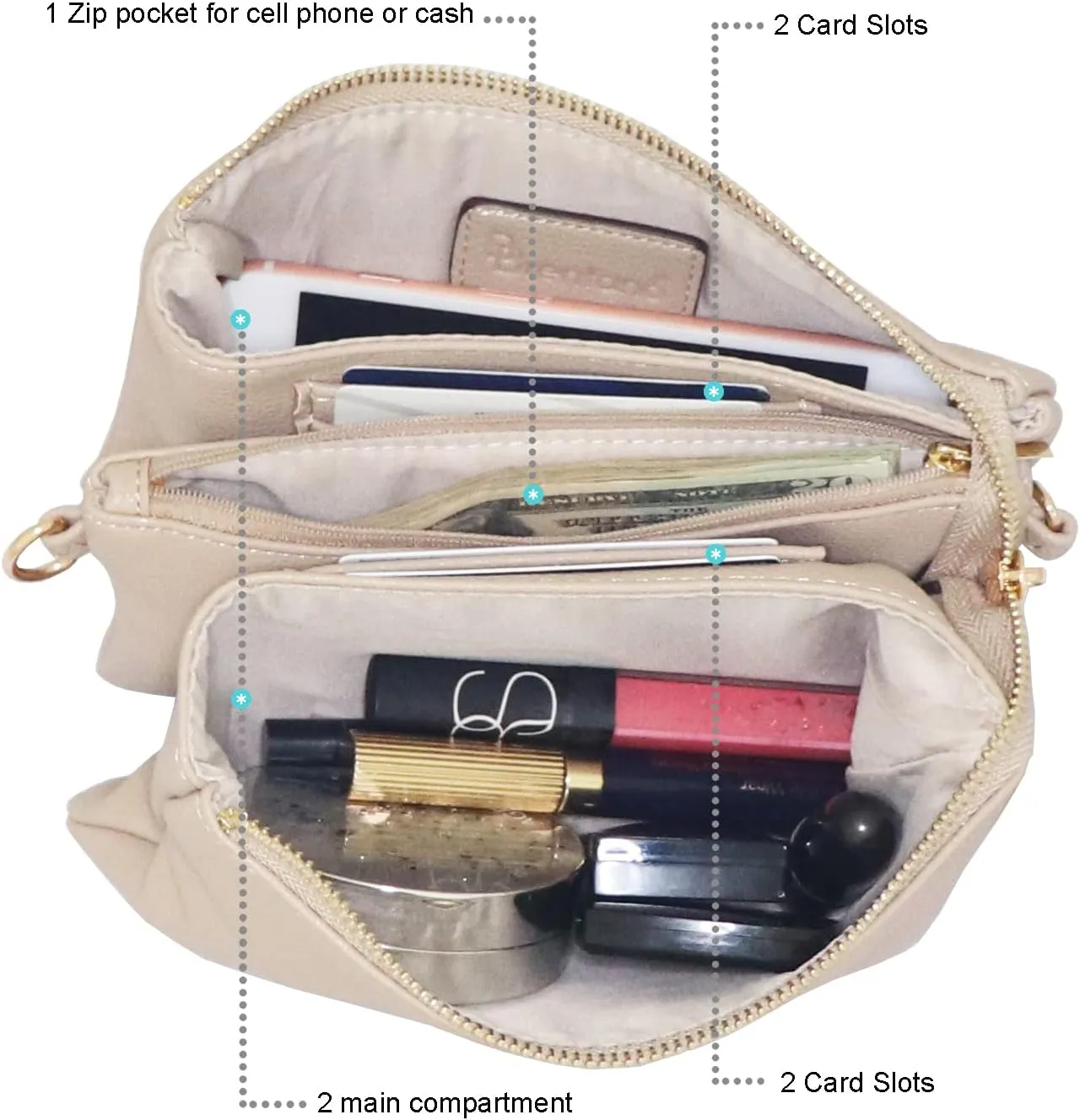 B BRENTANO Vegan Leather Multi-Pocket Crossbody Purse/Clutch with Card Slots, Removable Wristlet & Adjustable Shoulder Strap
