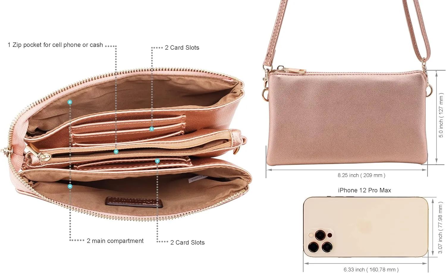 B BRENTANO Vegan Leather Multi-Pocket Crossbody Purse/Clutch with Card Slots, Removable Wristlet & Adjustable Shoulder Strap