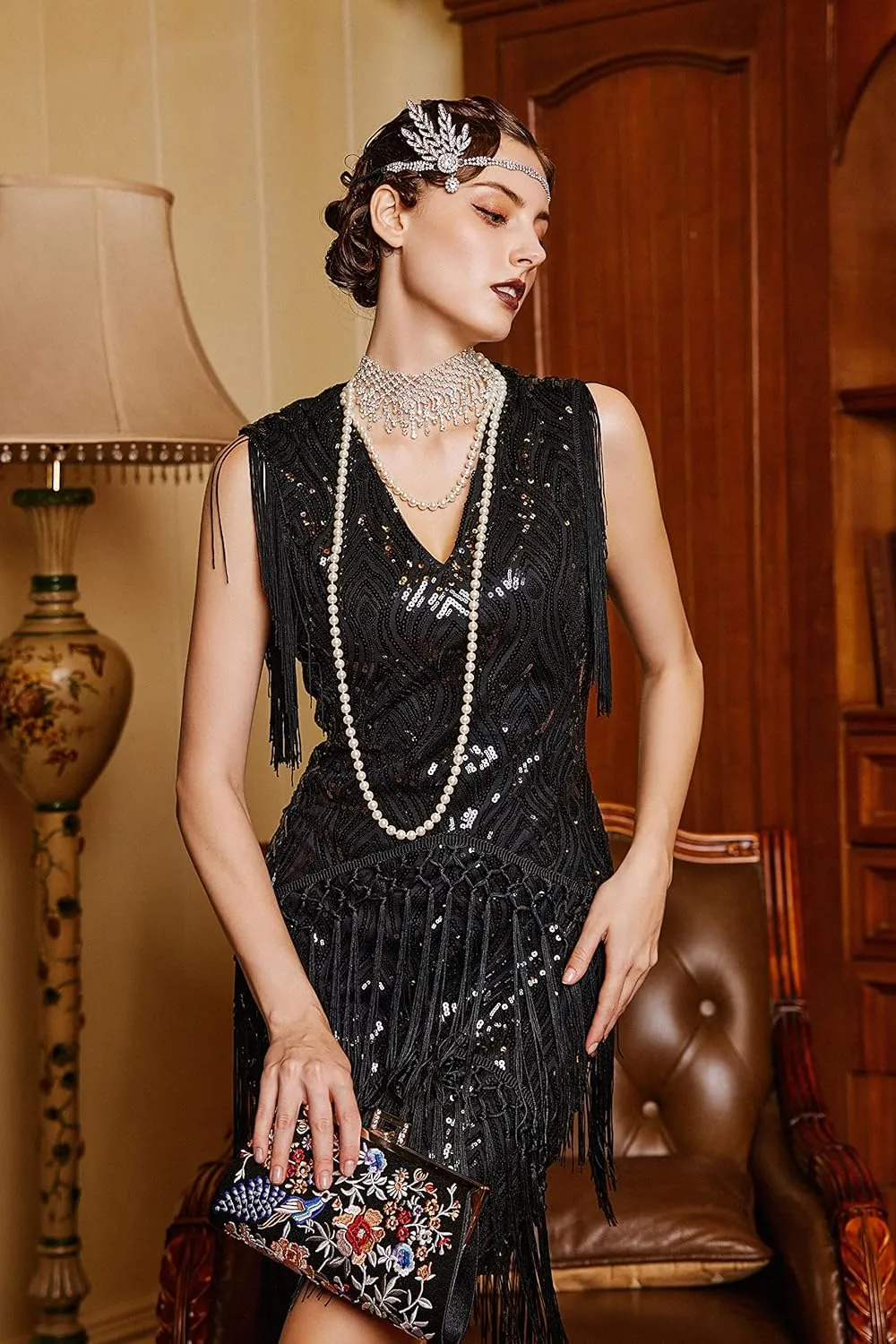 BABEYOND 1920s Flapper Dress Long Fringed Gatsby Roaring 20s Sequins Beaded Vintage Art Deco