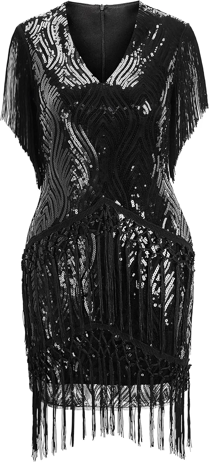 BABEYOND 1920s Flapper Dress Long Fringed Gatsby Roaring 20s Sequins Beaded Vintage Art Deco