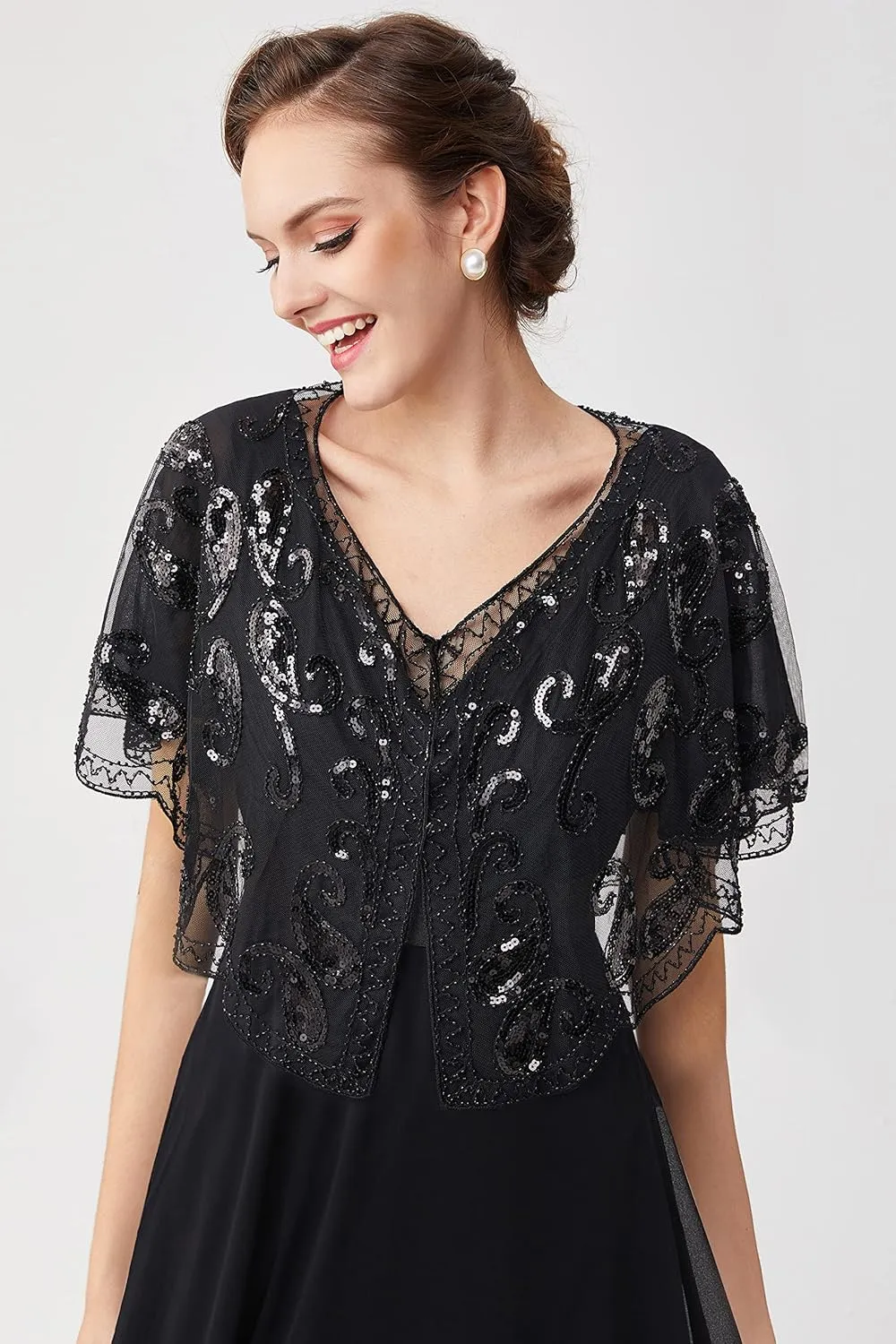 BABEYOND 1920s Shawl Wraps Sequin Beaded Evening Cape Bridal Shawl Bolero Flapper Cover Up