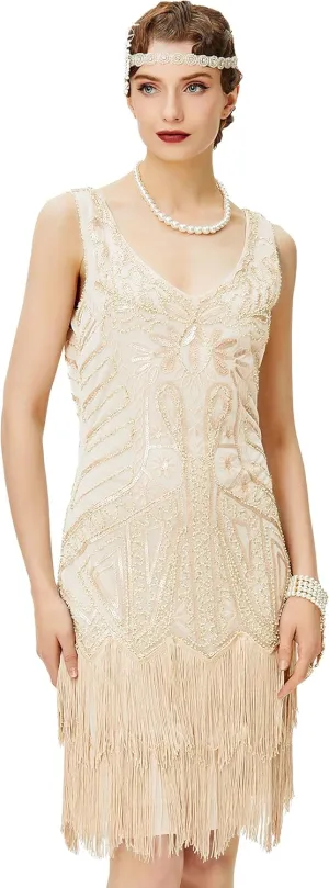 BABEYOND Women's Flapper Dresses 1920s V Neck Beaded Fringed Great Gatsby Dress
