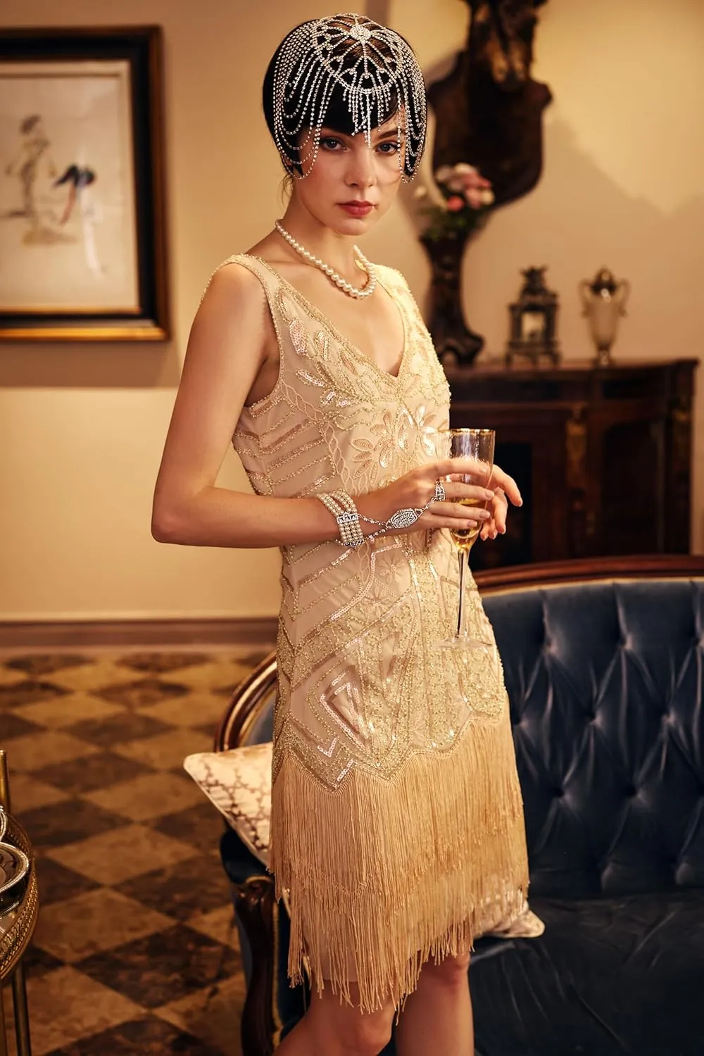 BABEYOND Women's Flapper Dresses 1920s V Neck Beaded Fringed Great Gatsby Dress