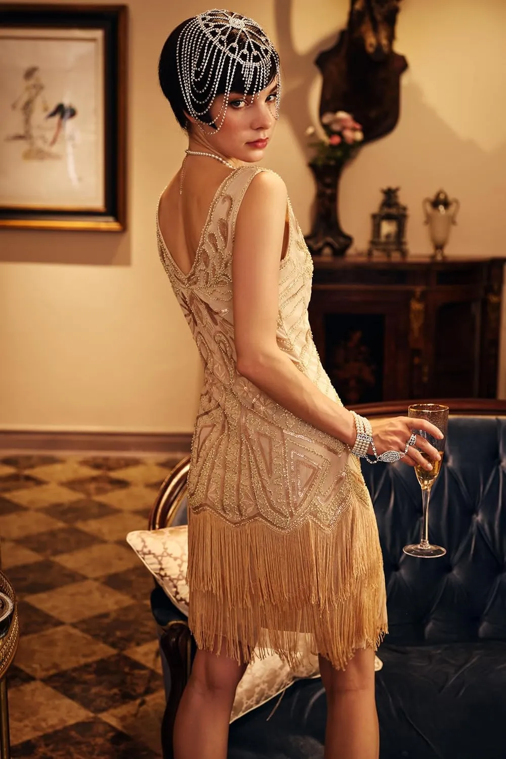 BABEYOND Women's Flapper Dresses 1920s V Neck Beaded Fringed Great Gatsby Dress