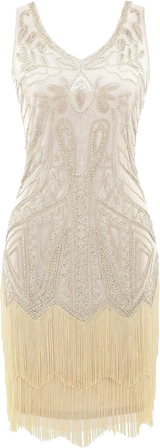 BABEYOND Women's Flapper Dresses 1920s V Neck Beaded Fringed Great Gatsby Dress