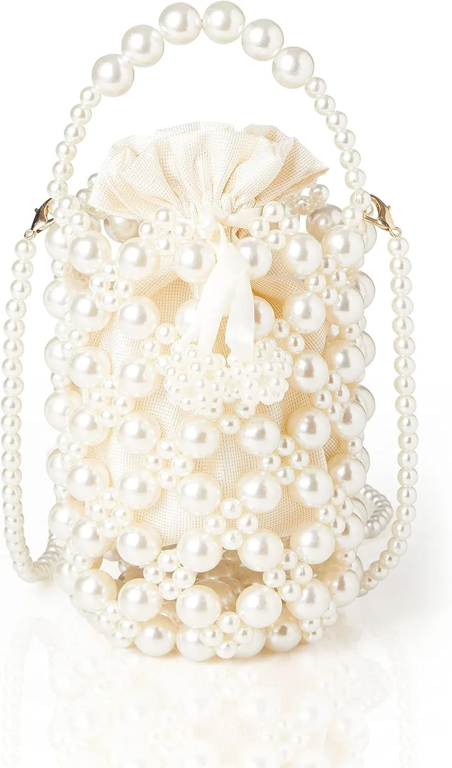 BABEYOND Women's Off White Pearl Clutch Purse - Bucket Beaded Bridal Evening Handbag Formal Reticulated Bag with Inner Bag for Party Wedding