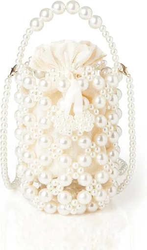 BABEYOND Women's Off White Pearl Clutch Purse - Bucket Beaded Bridal Evening Handbag Formal Reticulated Bag with Inner Bag for Party Wedding