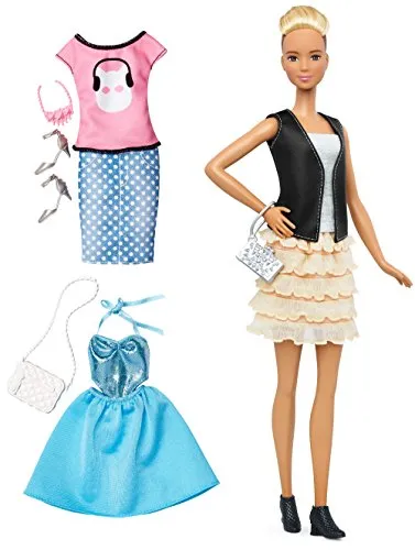 Barbie Fashionista Tall Blonde Doll with 2 Additional Outfits, Black/Grey/Blush