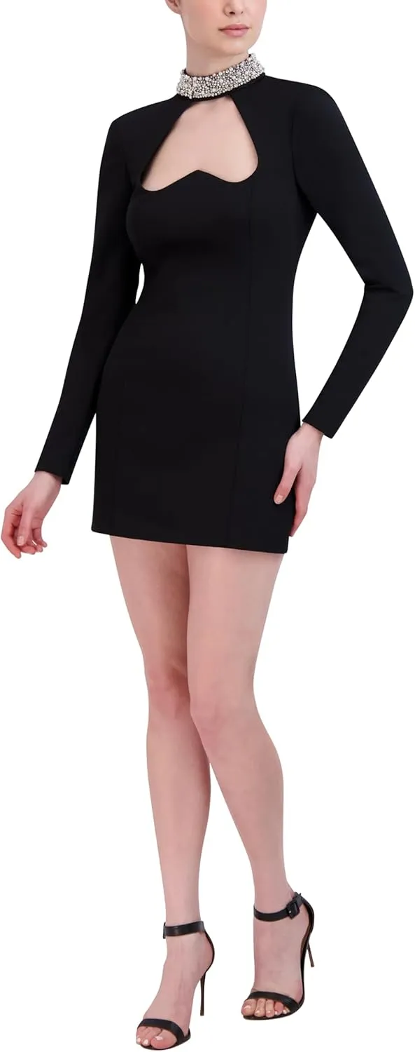 BCBGMAXAZRIA Women's Long Sleeve Mock Neck Mini Evening Dress with Beaded Collar