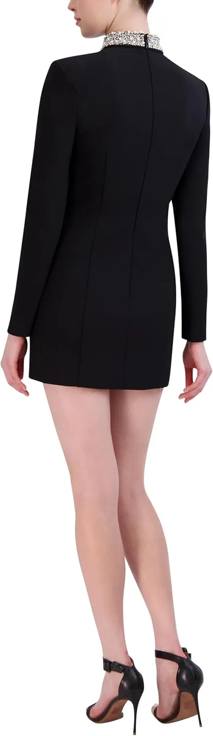 BCBGMAXAZRIA Women's Long Sleeve Mock Neck Mini Evening Dress with Beaded Collar