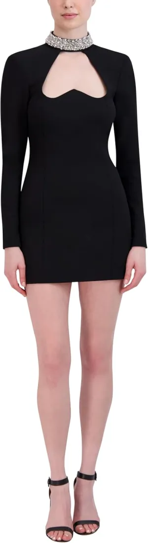 BCBGMAXAZRIA Women's Long Sleeve Mock Neck Mini Evening Dress with Beaded Collar