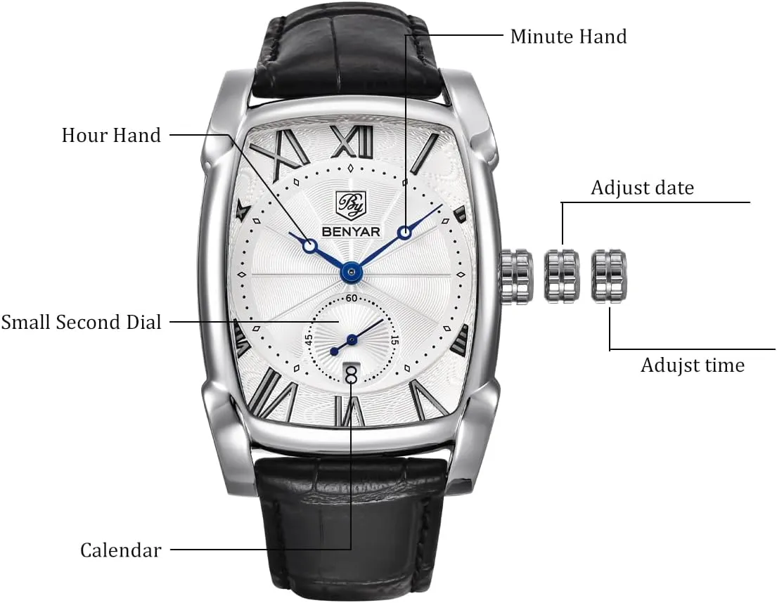 BENYAR Rectangle Wrist Watch for Men with Leather Strap, Men's Retro Fashion Casual Classic Watches Perfect Gifts for Friend