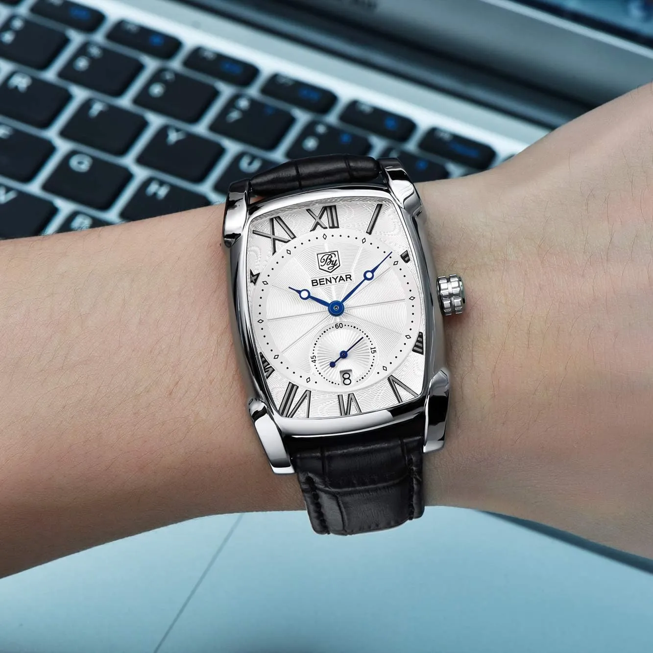 BENYAR Rectangle Wrist Watch for Men with Leather Strap, Men's Retro Fashion Casual Classic Watches Perfect Gifts for Friend