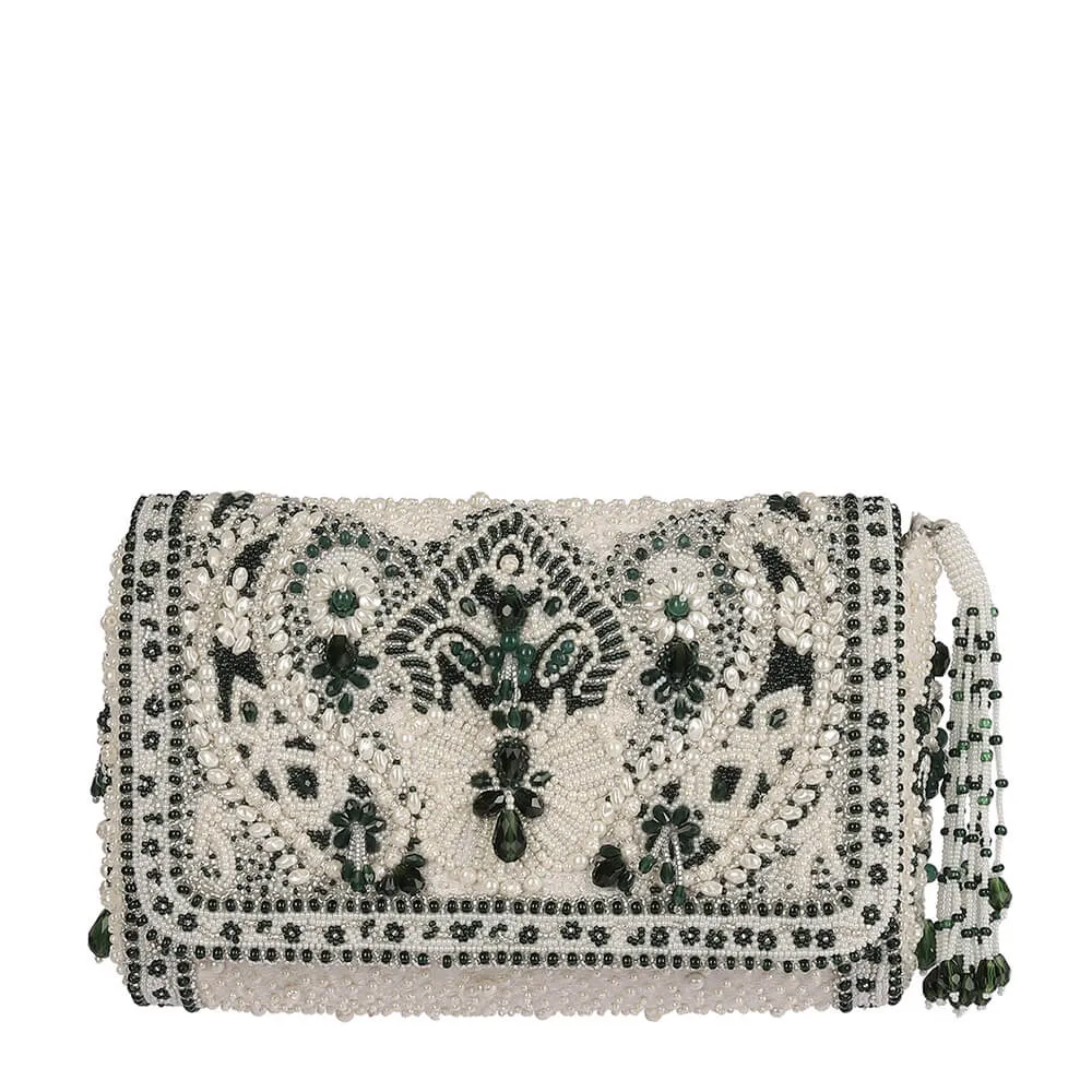 BIJOUX FLAPOVER CLUTCH PRISTINE IVORY EMERALD GREEN WITH HANDLE