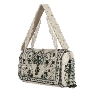 BIJOUX FLAPOVER CLUTCH PRISTINE IVORY EMERALD GREEN WITH HANDLE