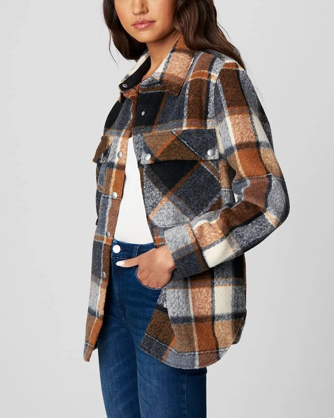 [BLANKNYC] Womens Luxury Clothing Plaid Shirt Jacket, Stylish Shacket & Trendy Coat, Hit The Trail, Medium
