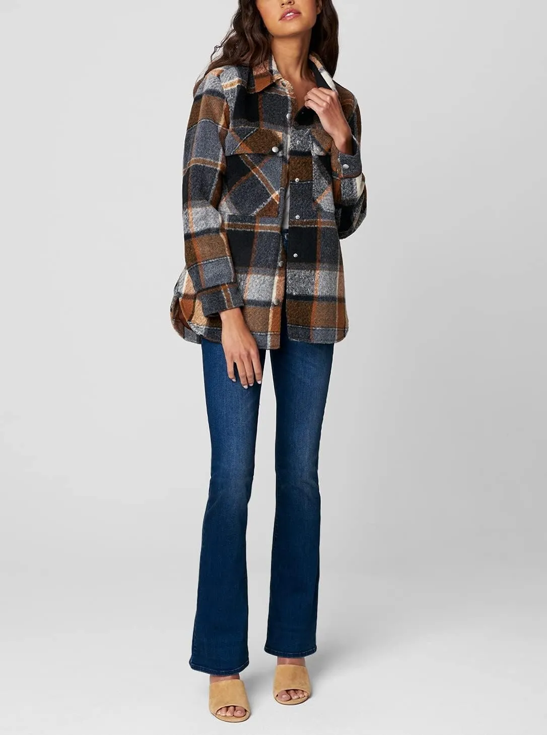 [BLANKNYC] Womens Luxury Clothing Plaid Shirt Jacket, Stylish Shacket & Trendy Coat, Hit The Trail, Medium