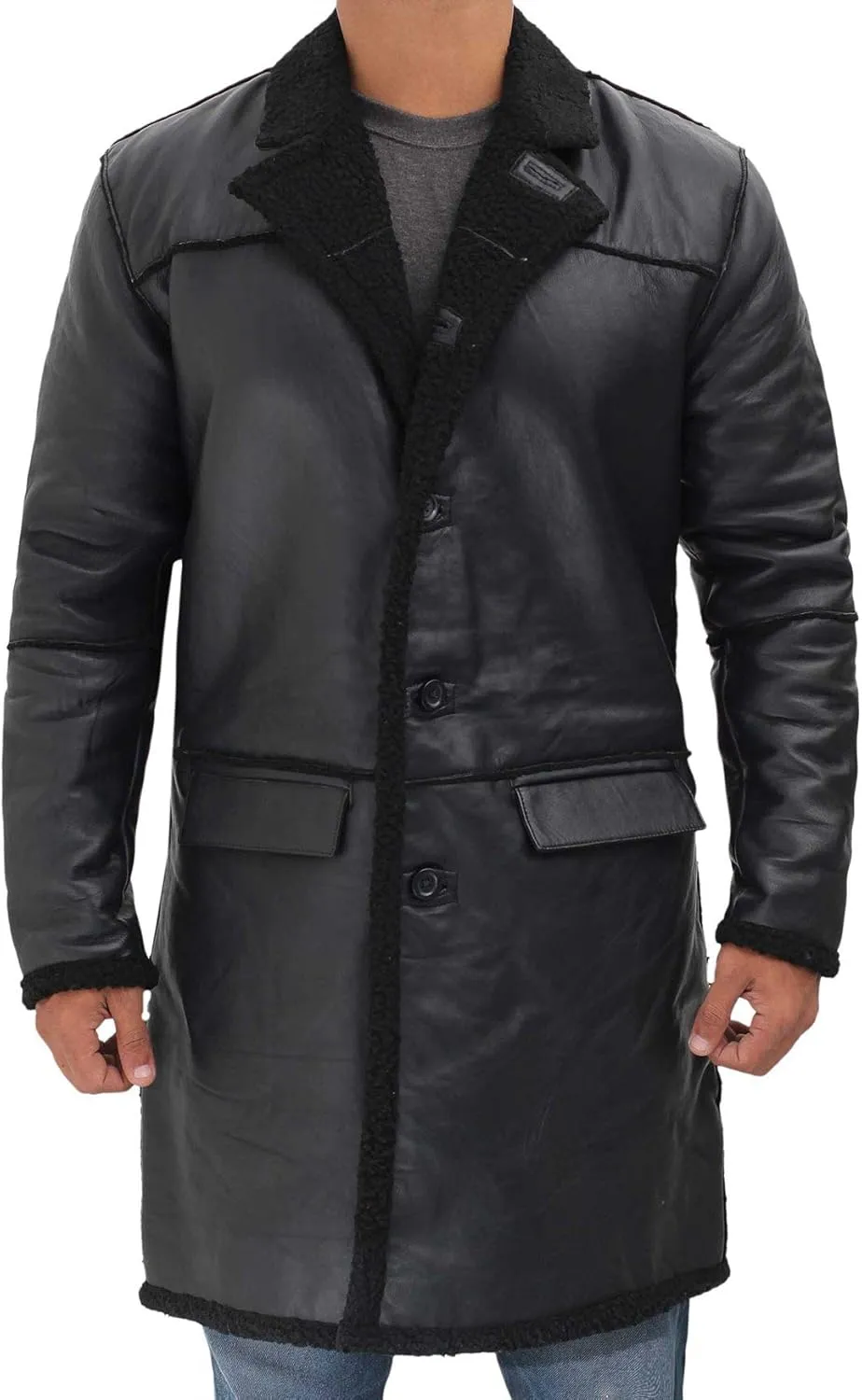 Blingsoul Black Trench Coat Men - Winter Shearling Long Leather Jackets For Men