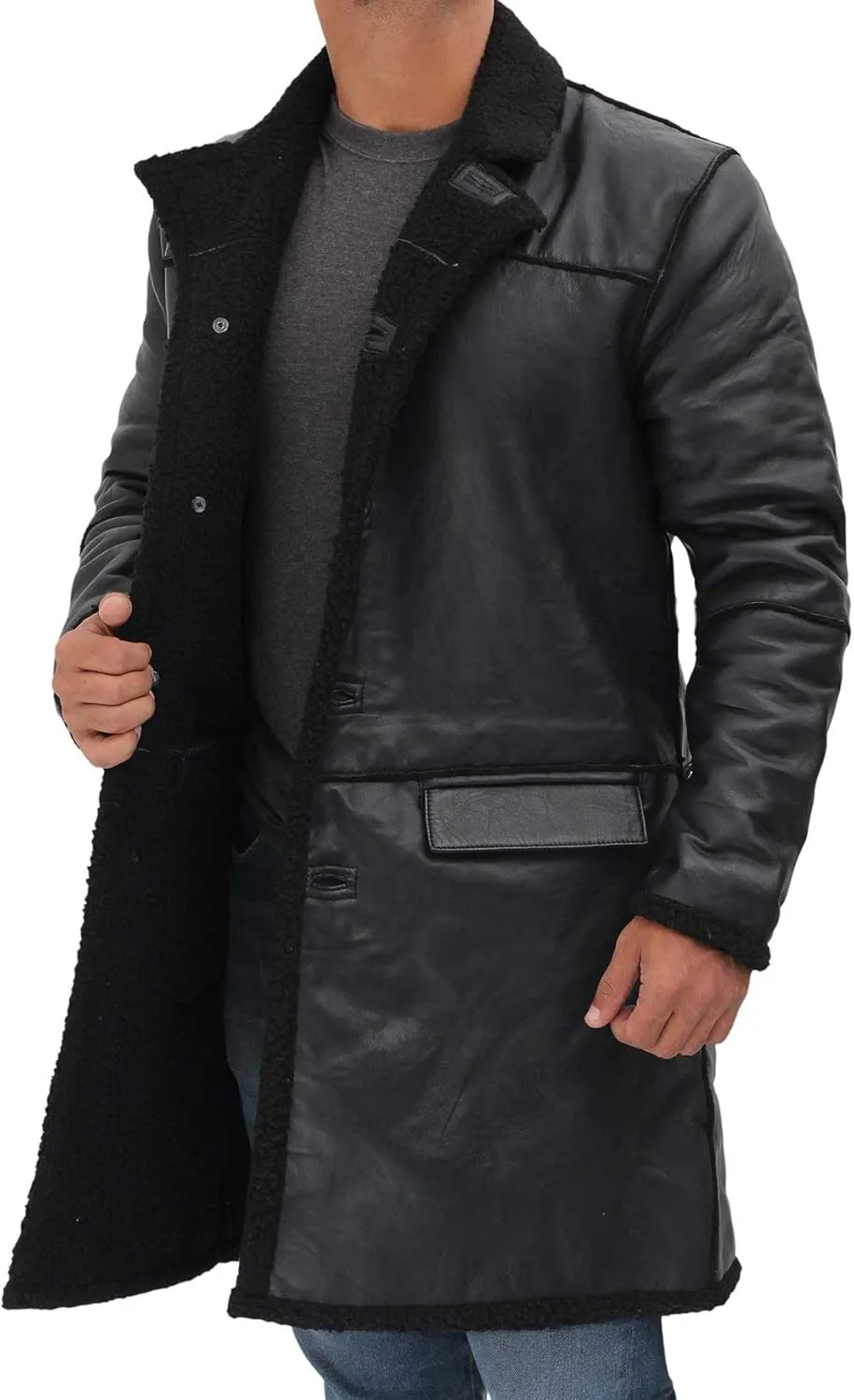 Blingsoul Black Trench Coat Men - Winter Shearling Long Leather Jackets For Men