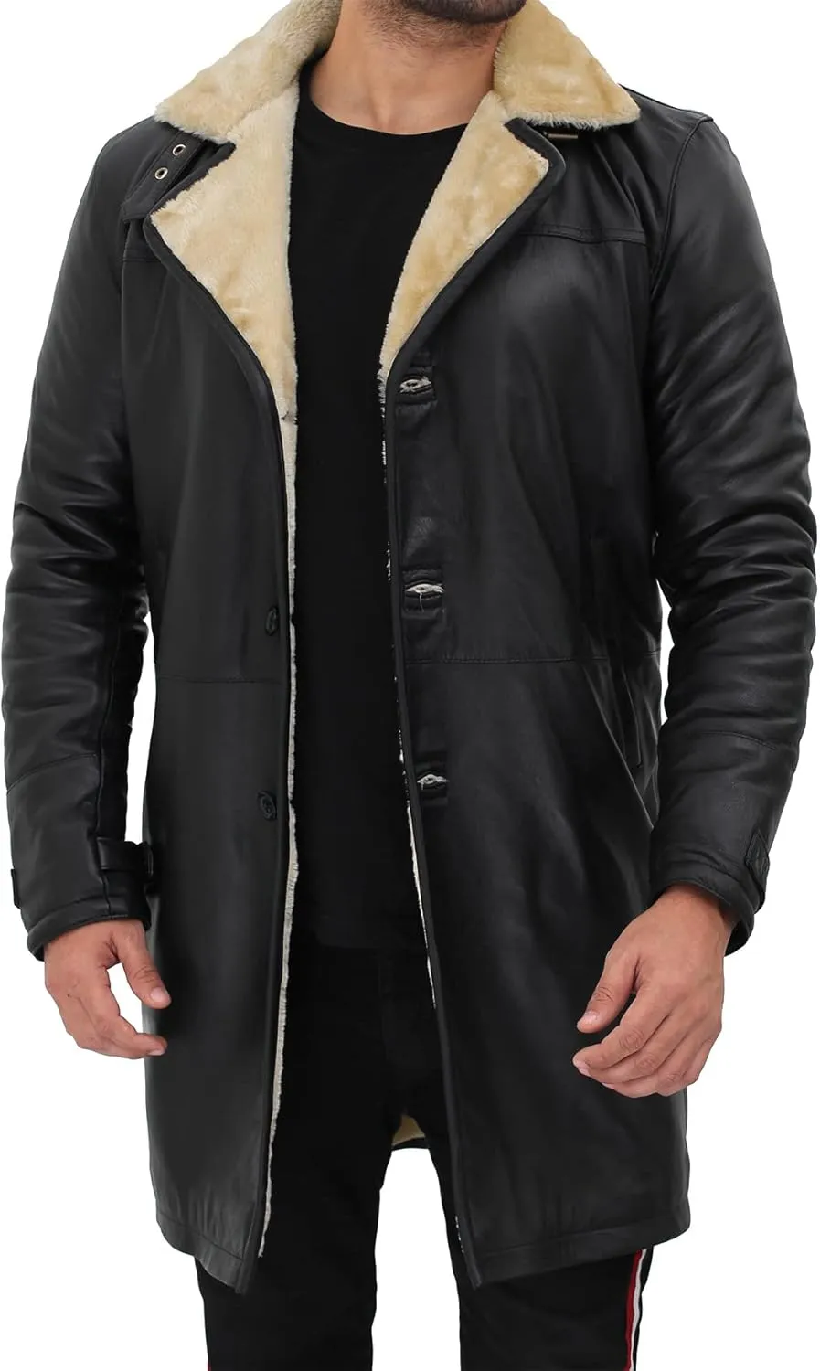Blingsoul Black Trench Coat Men - Winter Shearling Long Leather Jackets For Men