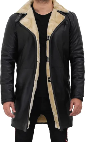 Blingsoul Black Trench Coat Men - Winter Shearling Long Leather Jackets For Men