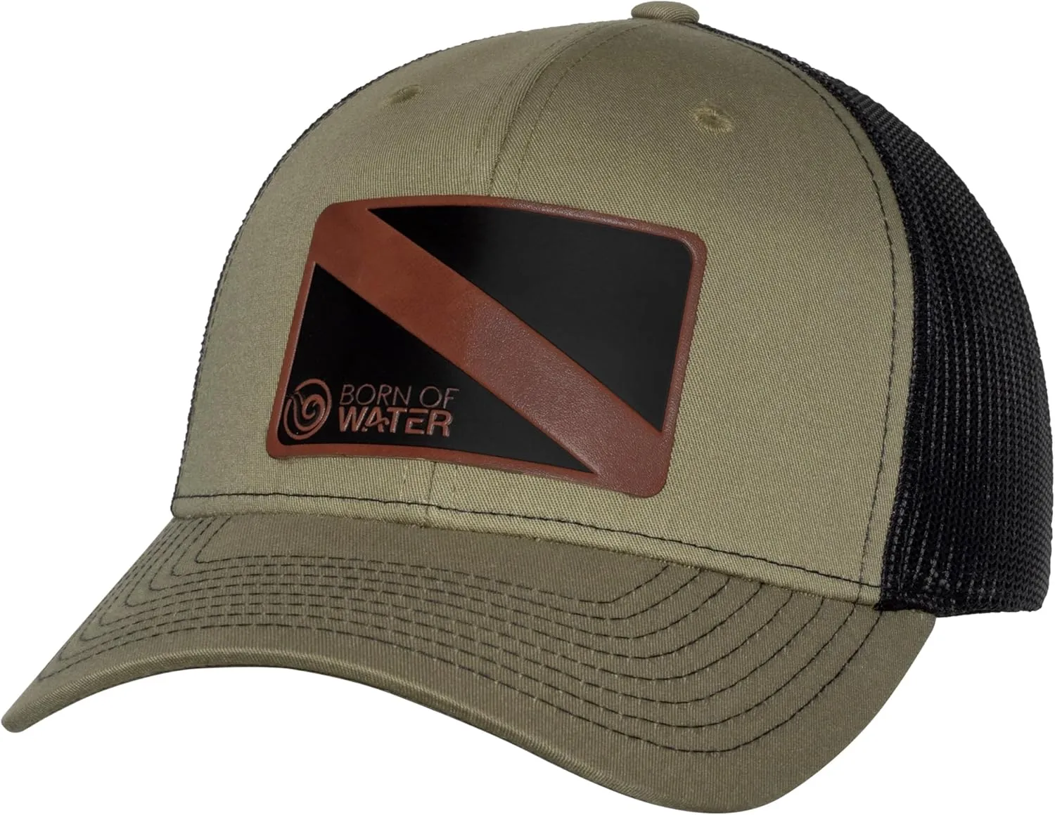 Born of Water Scuba Diving Trucker Hat: Leather Patch: Mens Adjustable Snapback for Fishing, Spearfishing