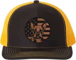 Boston Terrier Dog Patriotic Design Laser Engraved Leather Patch Richardson 112 Snapback Trucker Cap