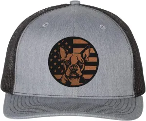 Boston Terrier Dog Patriotic Design Laser Engraved Leather Patch Richardson 112 Snapback Trucker Cap
