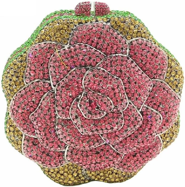 Boutique De FGG Rose Crystal Clutch Purse Women Flower Evening Bag Wedding Party Prom Bridal Rhinestone Floral Handbag,Mini