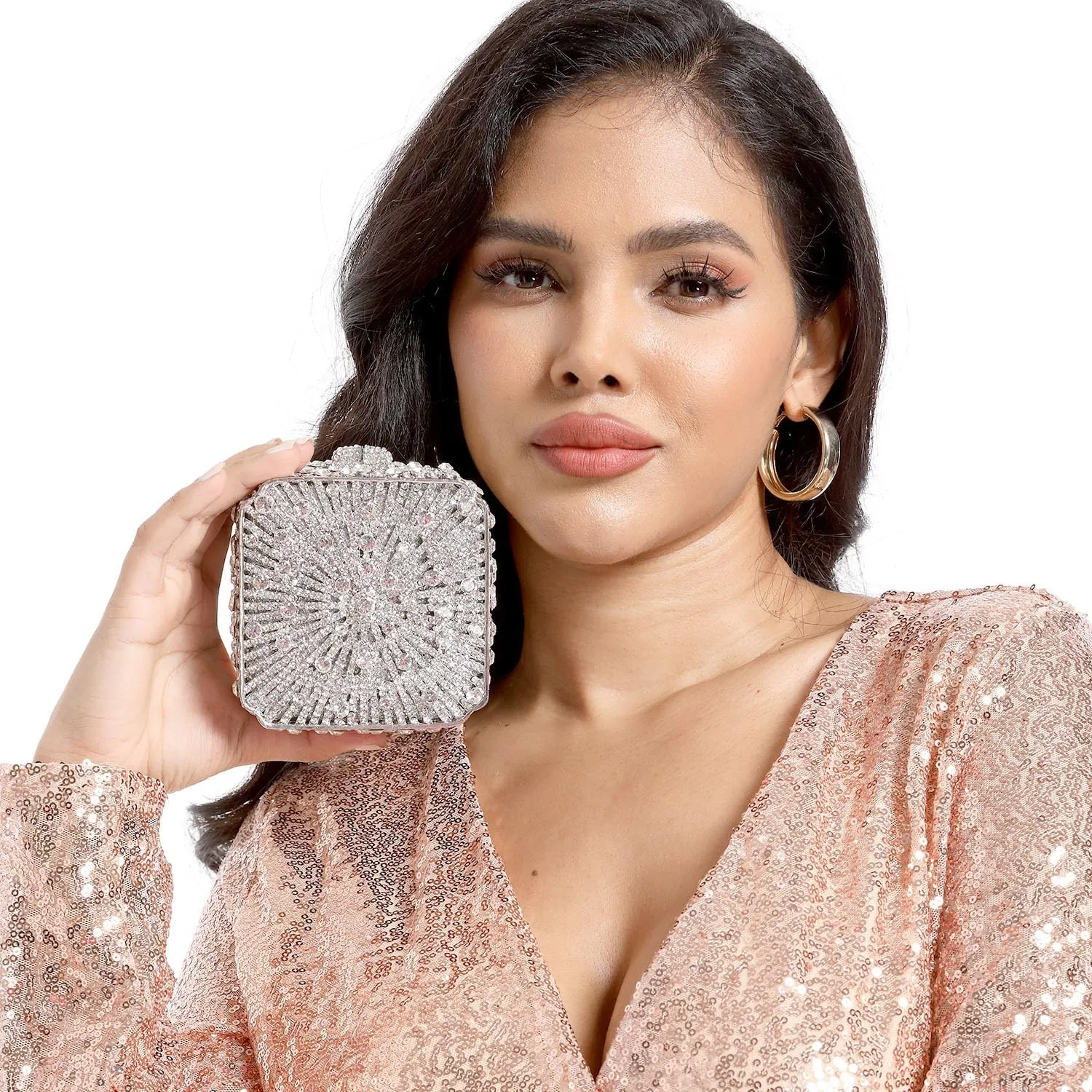 Boutique De FGG Women Metal Box Crystal Clutch Purse Evening Bag Wedding Bridal Rhinestone Handbags Party Clutch Bag,Mini