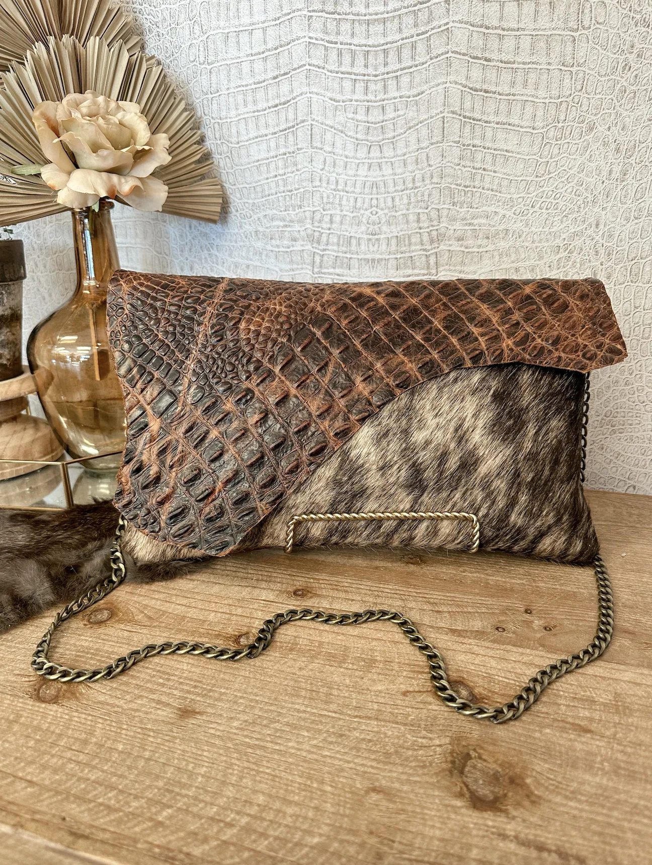 Brindle hide with tan Croc Clutch/Crossbody