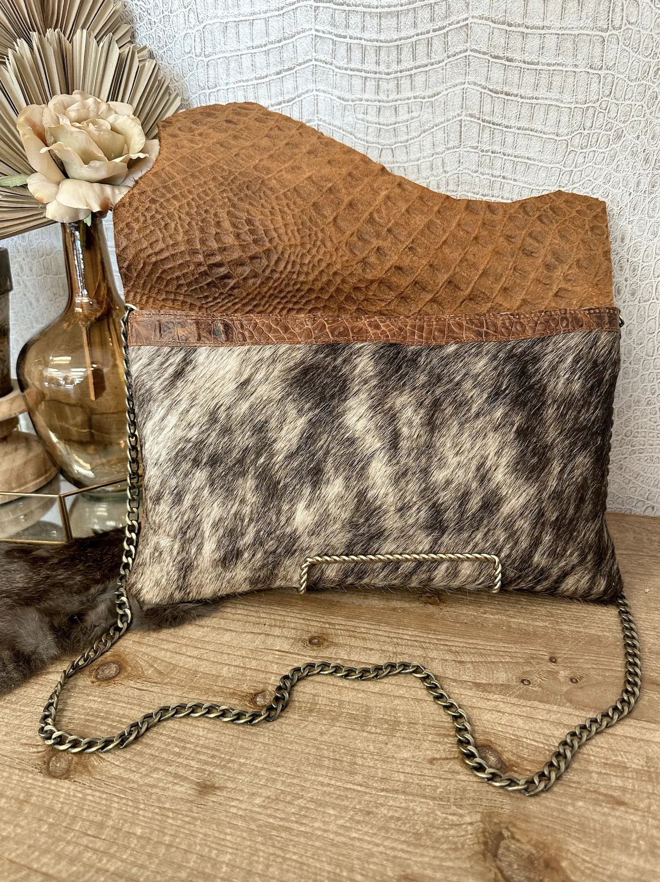 Brindle hide with tan Croc Clutch/Crossbody