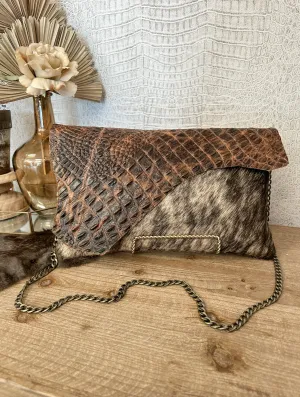 Brindle hide with tan Croc Clutch/Crossbody