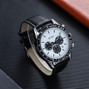 BUREI Men's Fashion Black Watch Multifunction Chronograph Wrist Watch Analog Quartz Watch Business Casual Waterproof Watch with Leather Strap Date Display