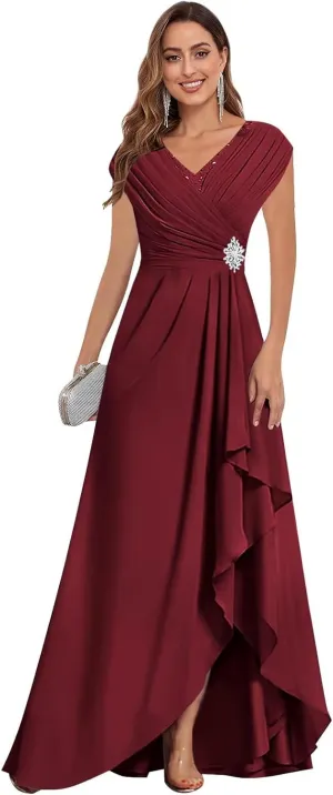 Cap Sleeve Mother of The Bride Dresses Chiffon V Neck Ruffles Beaded A Line Long Formal Wedding Guest Dress