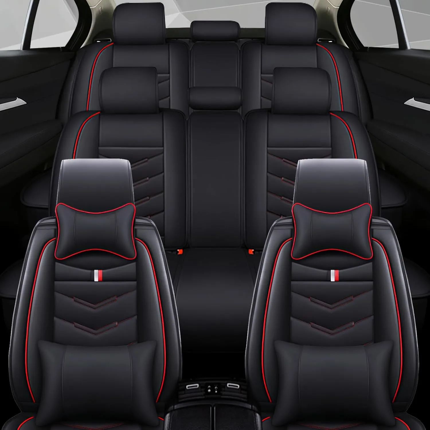 Car Seat Cover 8 Seats for Chevrolet Suburban 2000-2023, Waterproof Durable Compatible Airbag, Premium Leather Seat Protector(8 Seats Luxury,Black Red)