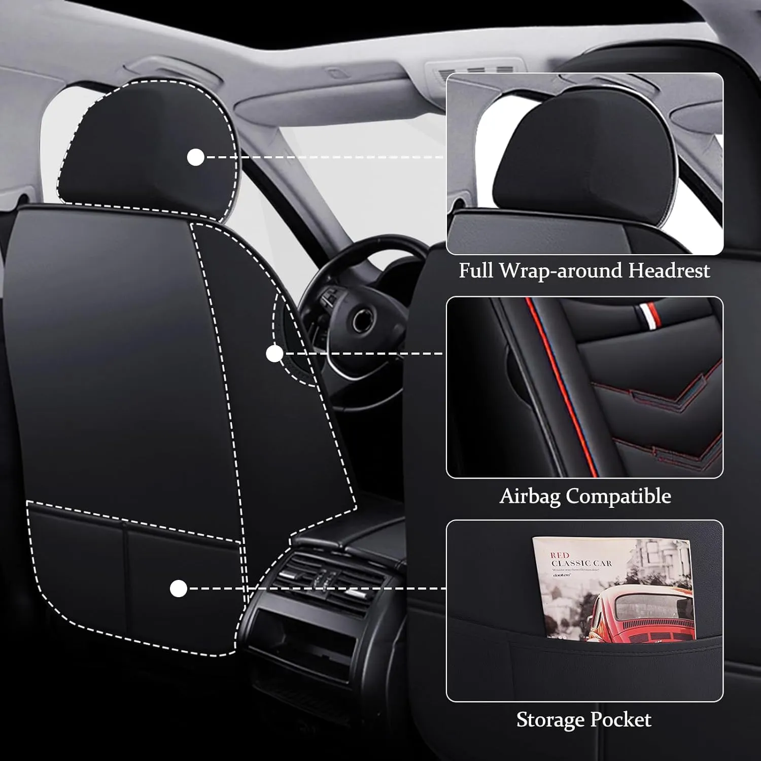 Car Seat Cover 8 Seats for Chevrolet Suburban 2000-2023, Waterproof Durable Compatible Airbag, Premium Leather Seat Protector(8 Seats Luxury,Black Red)