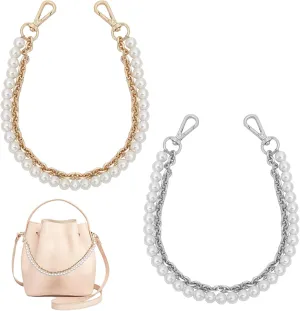 CHGCRAFT 2Colors 16Inch Plastic Imitation Pearl Beaded Double Strand Bag Handles with Iron Cable Chain Swivel Clasp for DIY Accessory Handbag Purse Chain Replacement, Platinum and Golden